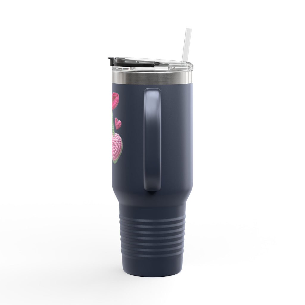 40oz Insulated Travel Mug — Cute Knit Cherry Hearts Design
