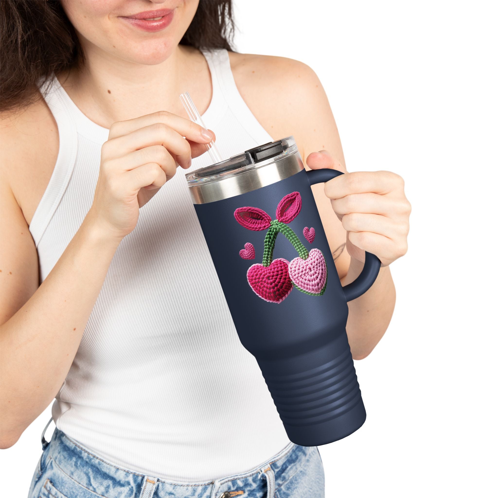 40oz Insulated Travel Mug — Cute Knit Cherry Hearts Design