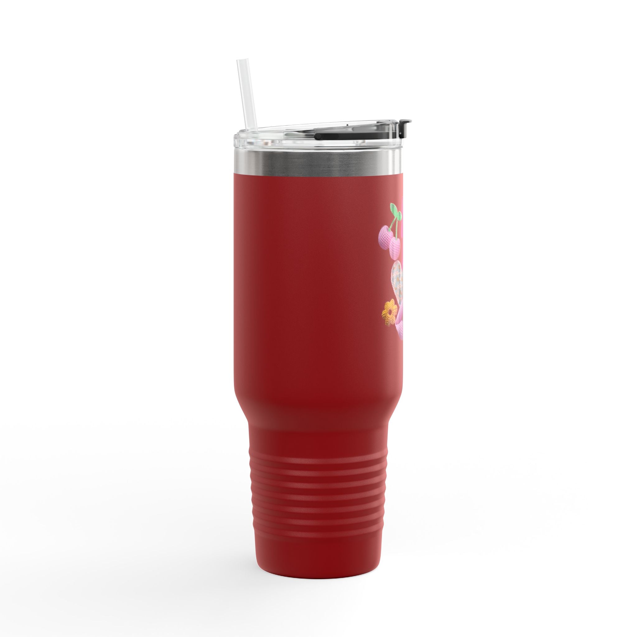 40oz Insulated Travel Mug — Cute Emoji Heart Collage (Cherries, Lips, Lightning)