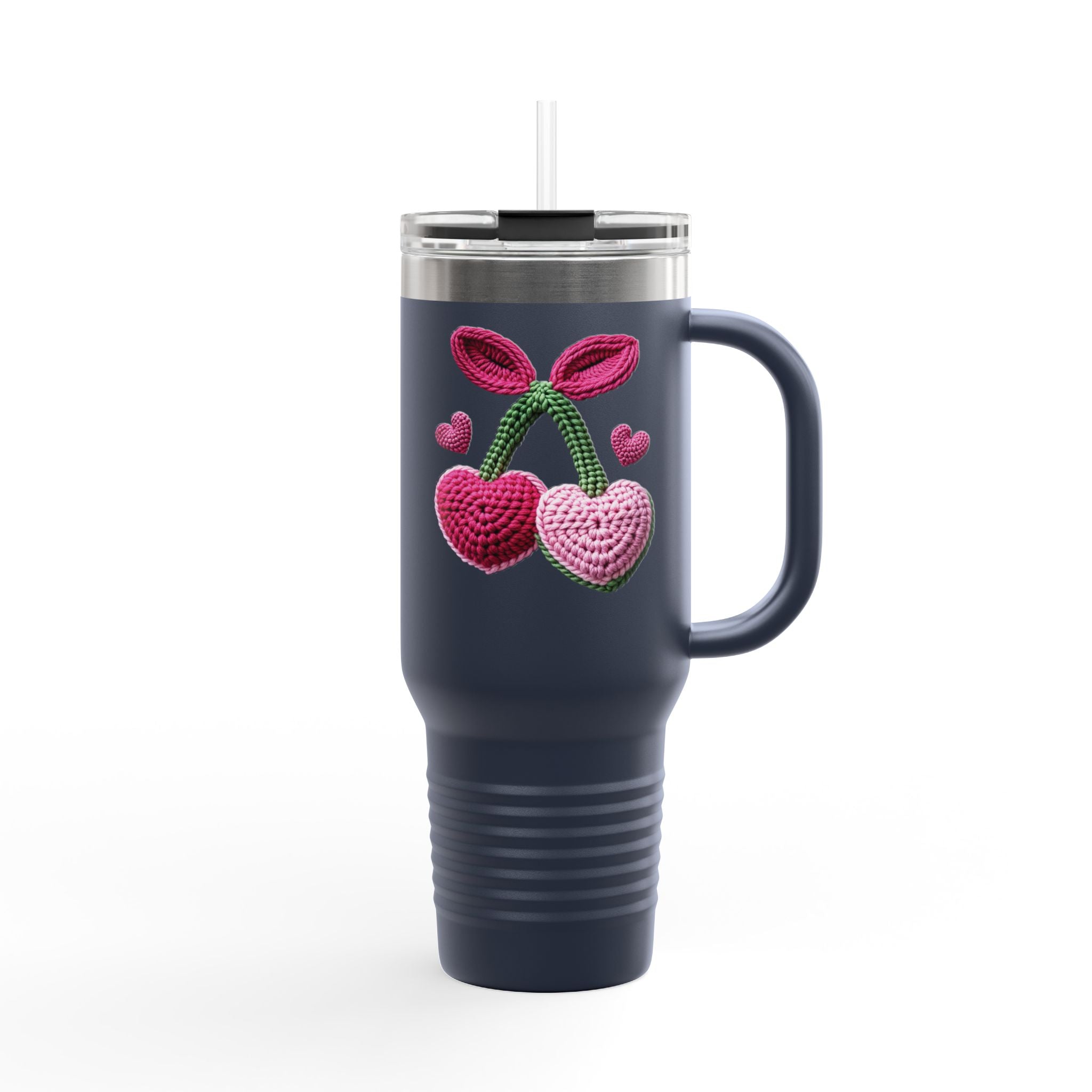 40oz Insulated Travel Mug — Cute Knit Cherry Hearts Design