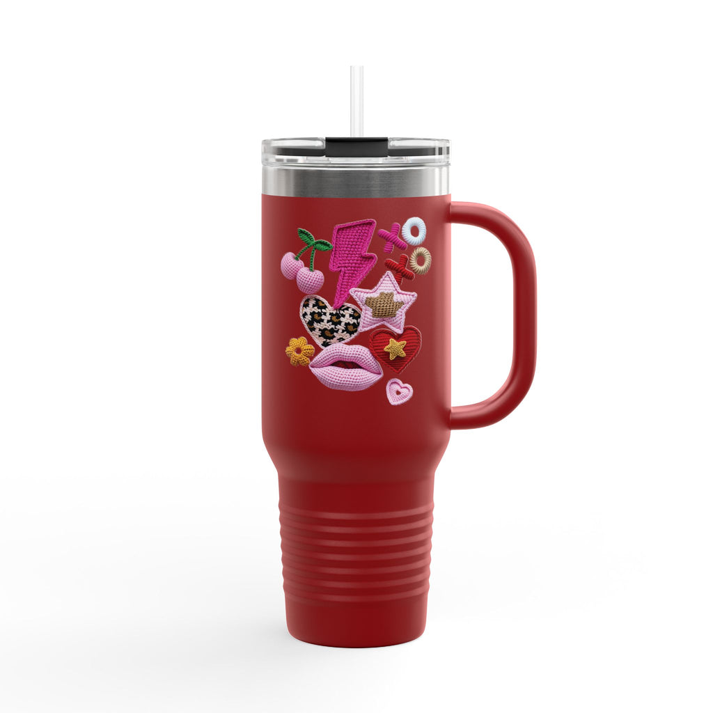 40oz Insulated Travel Mug — Cute Emoji Heart Collage (Cherries, Lips, Lightning)